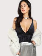 Romwe Plunging Neckline Peplum Glitter Top
