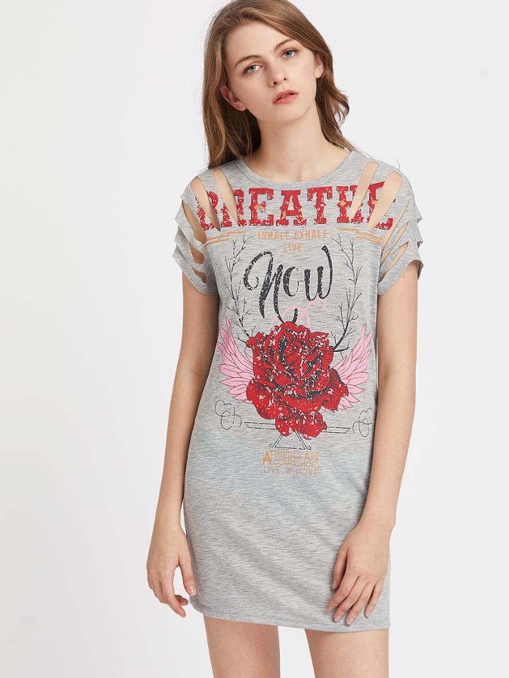 Romwe Slash Shoulder Graphic Print Heathered Tee Dress