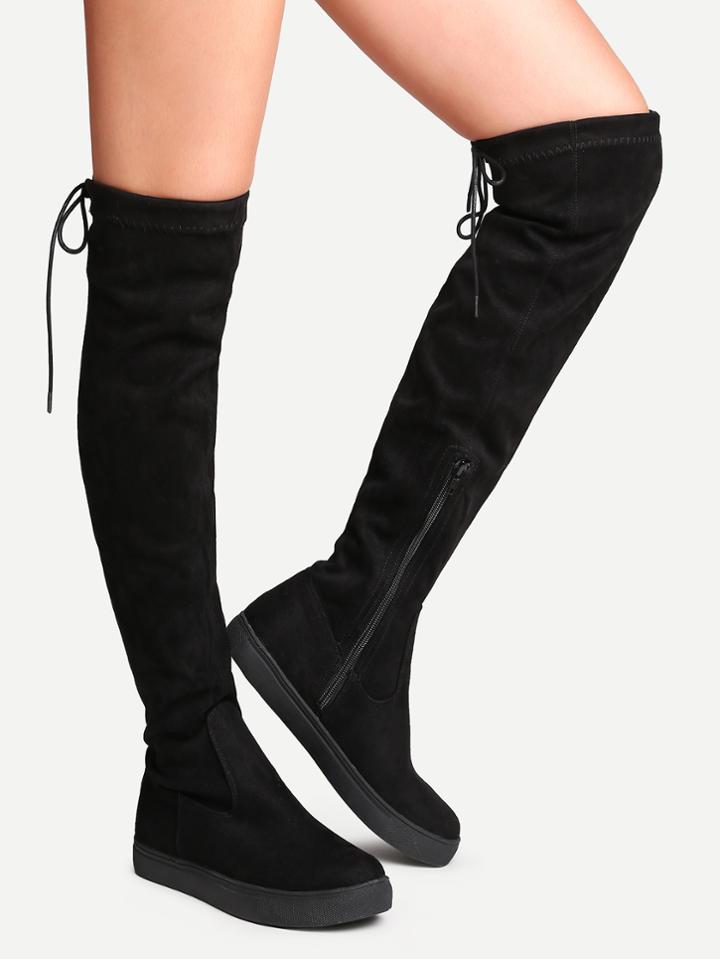 Romwe Black Round Toe Tie Back Over The Knee Boots