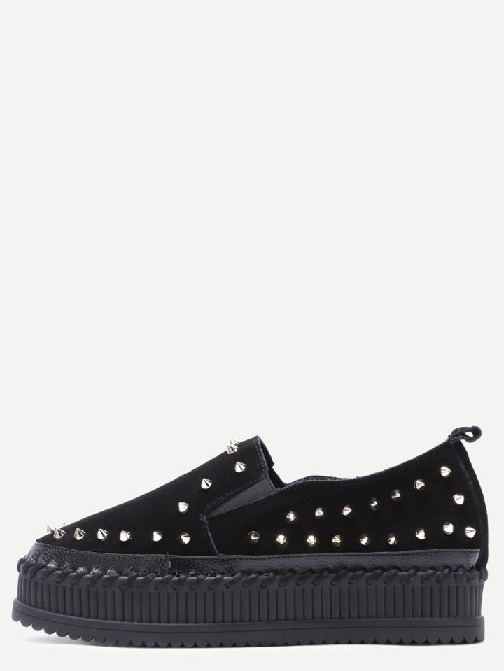Romwe Black Stud Trim Nubuck Leather Platform Shoes