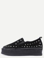 Romwe Black Stud Trim Nubuck Leather Platform Shoes