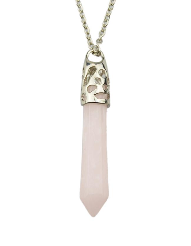Romwe Pink Stone Long Pendant Necklace