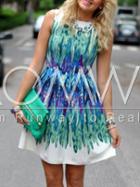 Romwe White Green Sleeveless Feather Print Dress