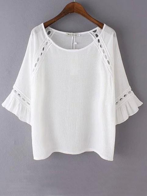 Romwe White Eyelet Lace Insert Chiffon Blouse