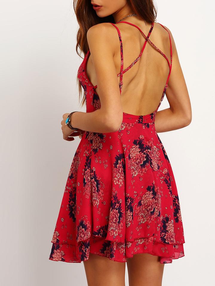 Romwe Red Raspberry Floaty Spaghetti Strap Flowery Florals Chiffon Dress