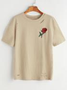 Romwe Rose Embroidered Patch Ripped Tee