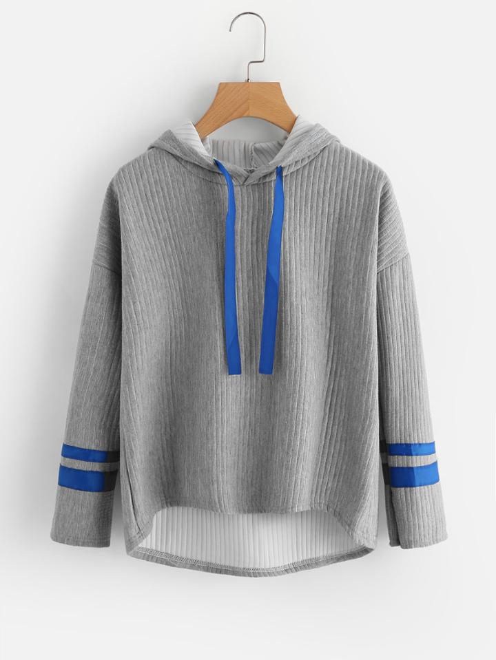 Romwe Tape Detail Drop Shoulder Dip Hem Ribbed Hoodie