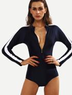 Romwe Navy Striped Sleeve Zip Front Rash Guard Swimwear