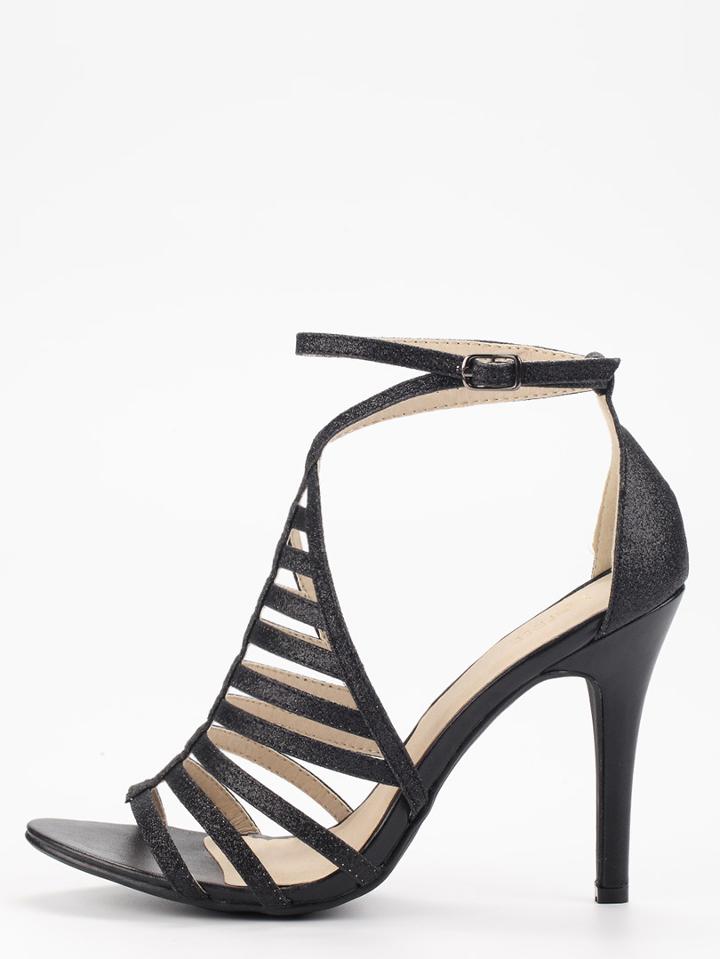 Romwe Black Glitter Caged Ankle Strap Sandals