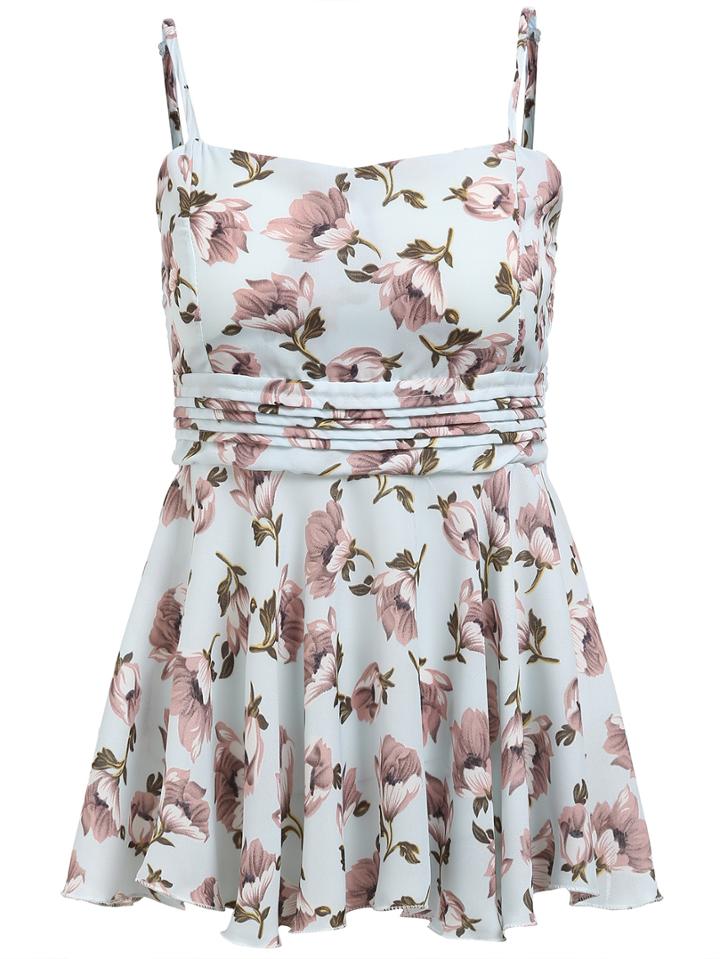Romwe Blue Flower Print Ruched Peplum Cami Top