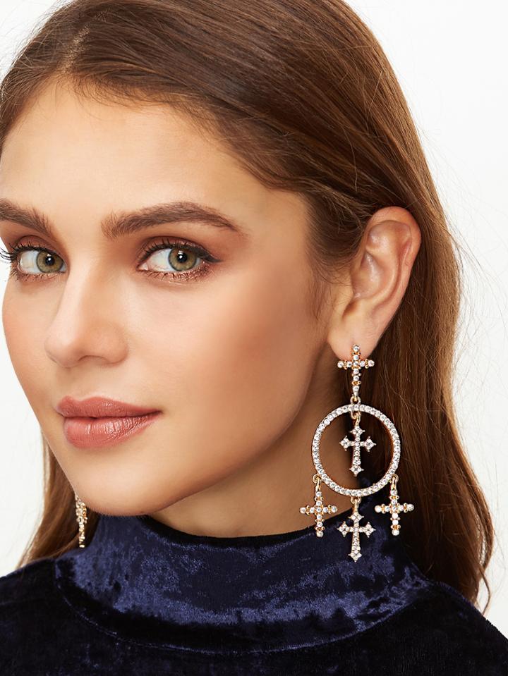 Romwe Gold Cross Rhinestone Encrusted Statement Drop Earrings