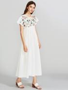 Romwe Botanical Embroidered Yoke Tie Up Back Dress