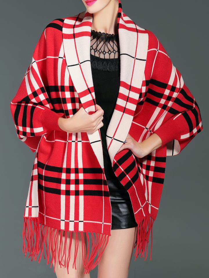 Romwe Red Color Block Tassel Cardigan