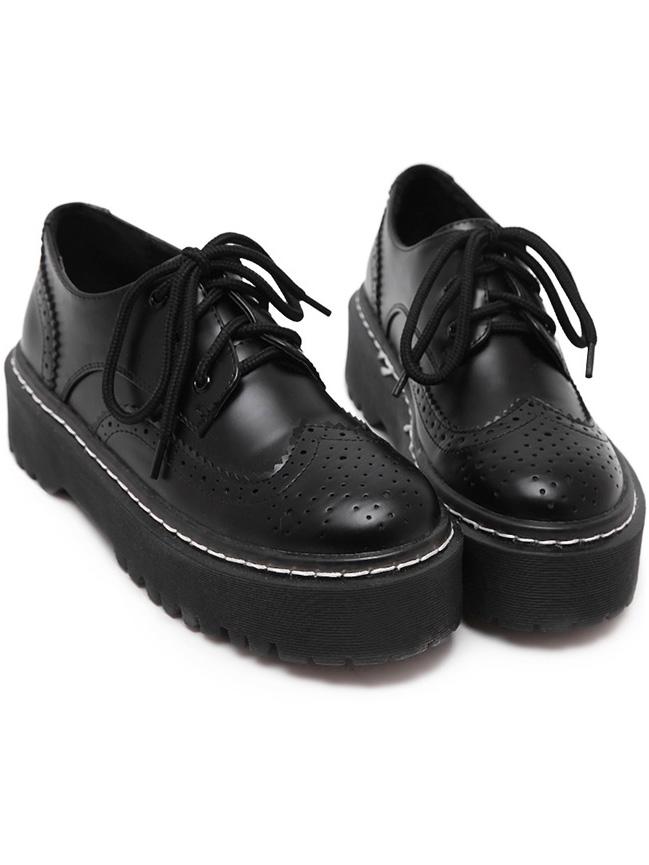 Romwe Black Round Toe Pierced Lace Up Flat Shoes