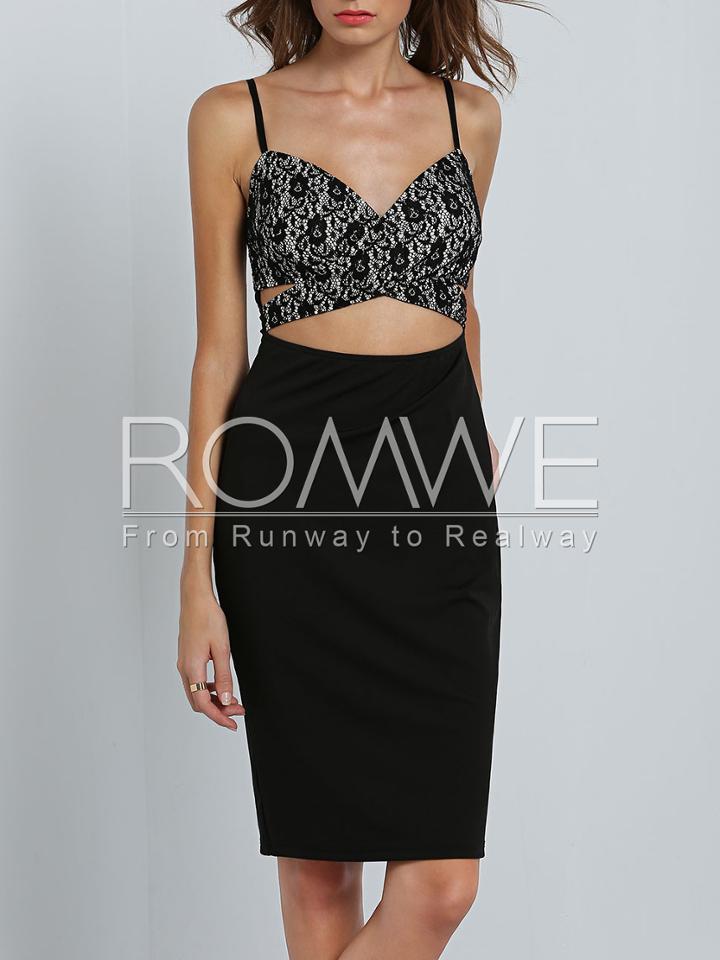 Romwe Black Spaghetti Strap Cut Out Sheath Dress