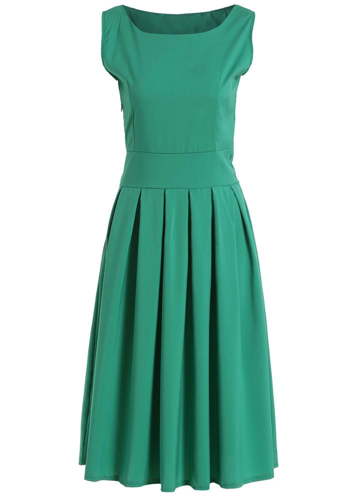 Romwe Square Neck Sleeveless Pleated Green Dress