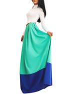 Romwe Color-block Long Sleeve Belt Maxi Dress