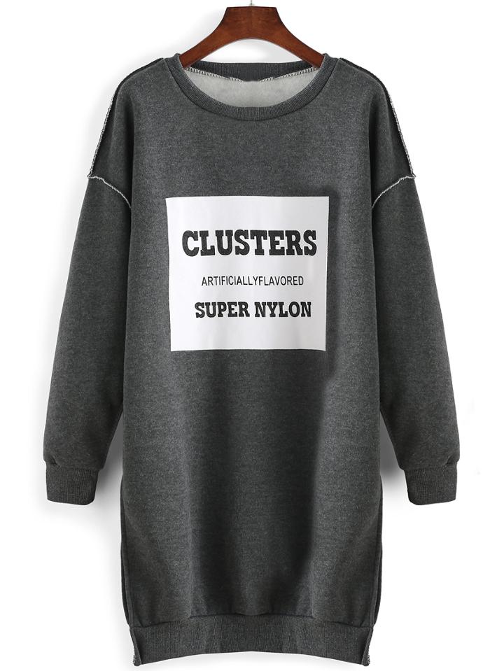 Romwe Letter Print Slit Long Grey Sweatshirt