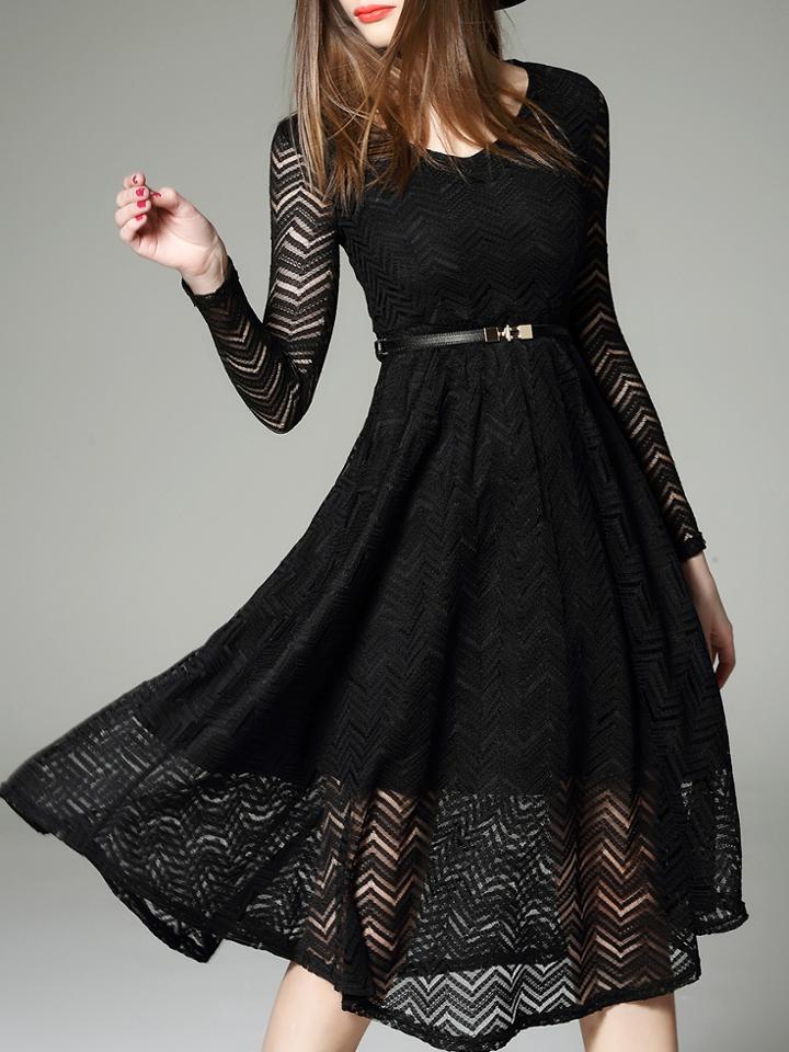 Romwe Black V Neck Belted A-line Lace Dress