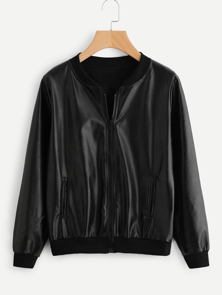 Romwe Contrast Trim Zip Up Pu Jacket
