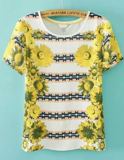 Romwe Round Neck Daisy Print T-shirt