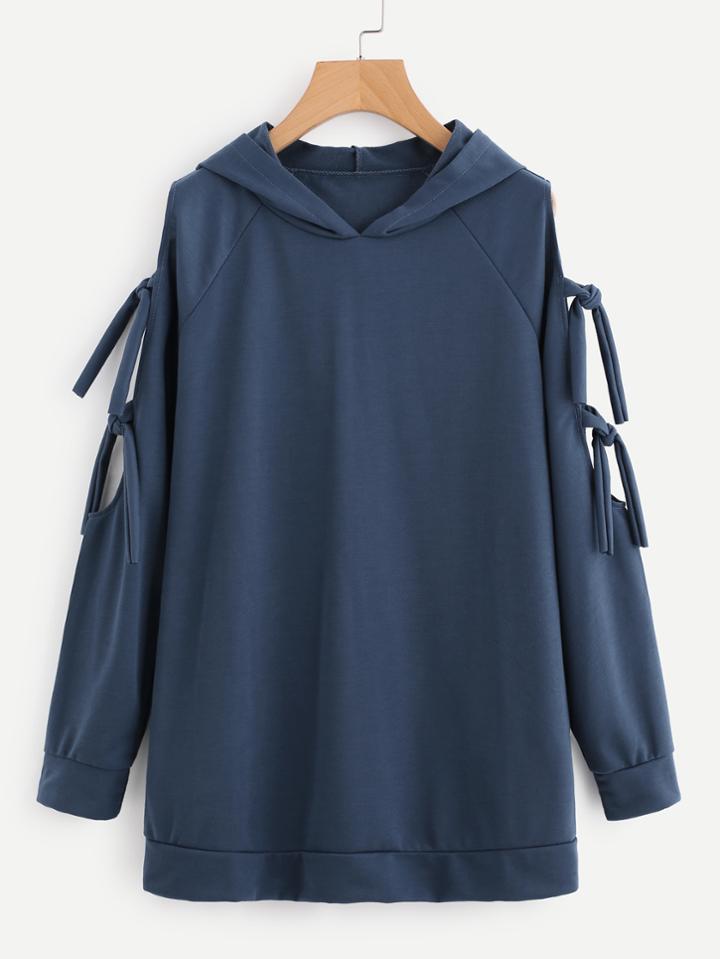 Romwe Cold Shoulder Tie Sleeve Hooded Sweatshirt
