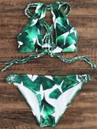 Romwe Green Leaf Print Braided Strap Cutout Bikini Set