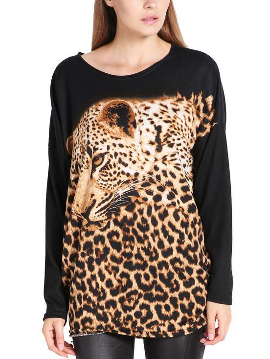 Romwe Long Sleeve Leopard Loose T-shirt