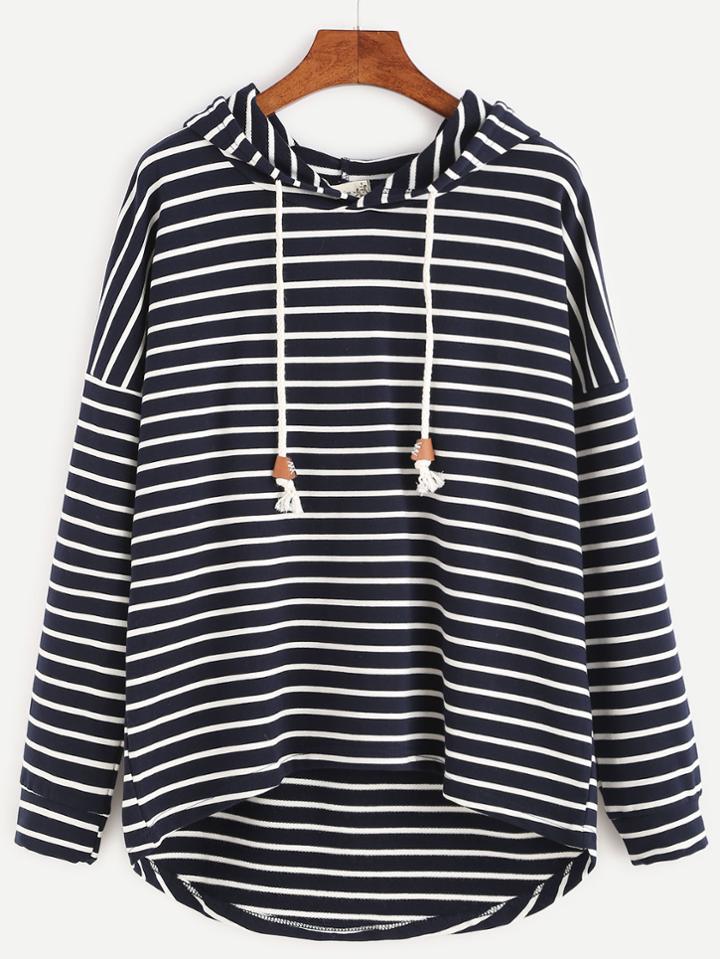 Romwe Striped Drop Shoulder Dip Hem Drawstring Hooded Sweatshirt