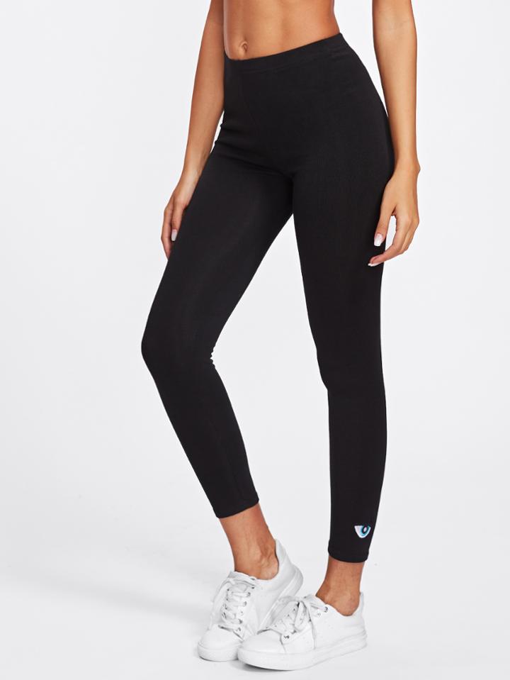 Romwe Eye Embroidered Side Skinny Leggings