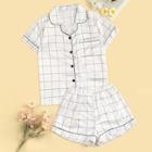 Romwe Satin Plaid Shirt & Shorts Pj Set
