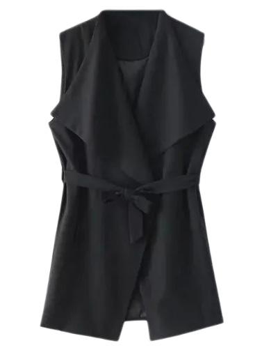 Romwe Black Pockets Tie-waist Vest Outerwear