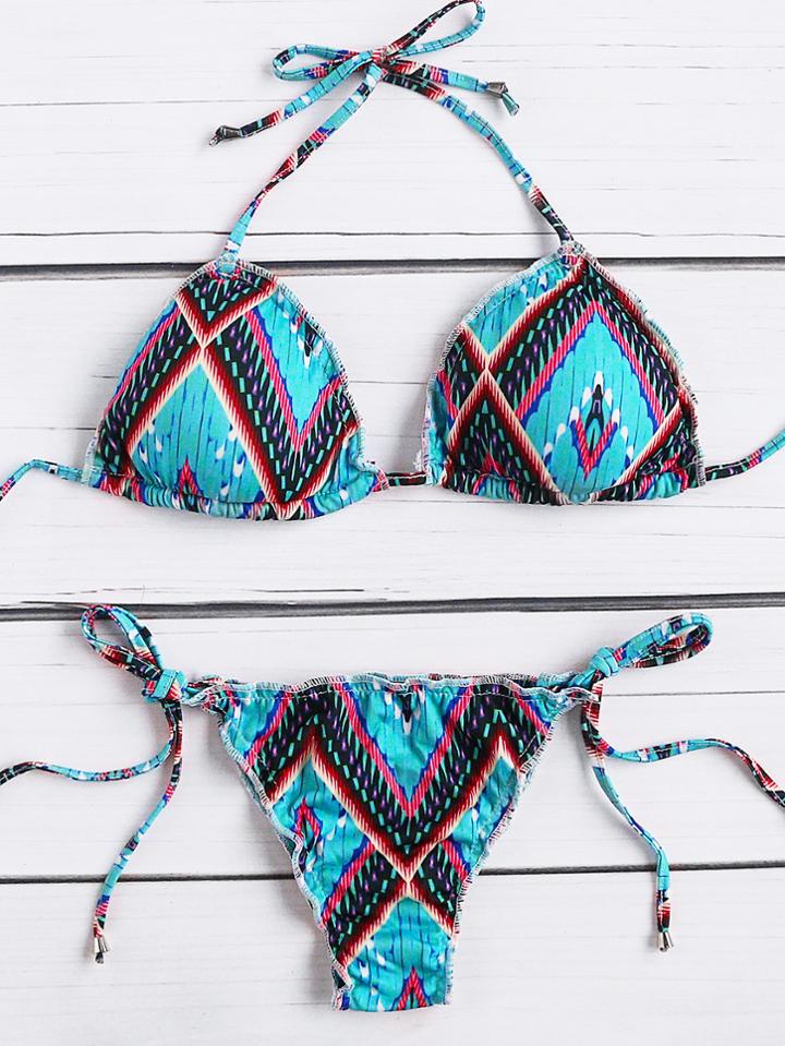 Romwe Graphic Print Side Tie Triangle Bikini Set