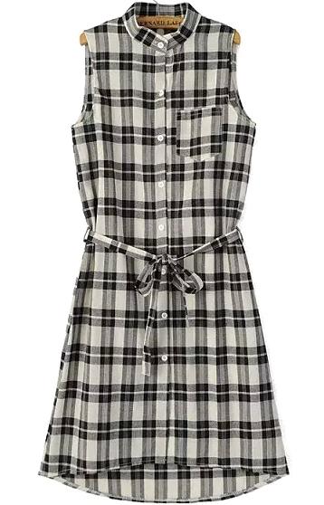 Romwe Stand Collar Plaid Shirt Black Dress