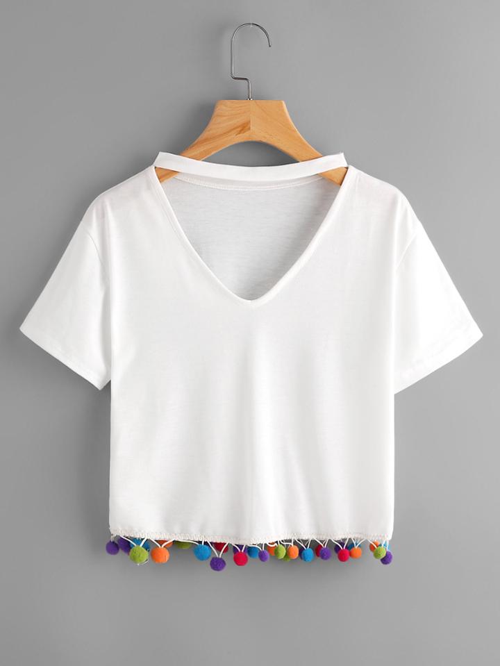 Romwe V Cut Pom Pom Hem Tee