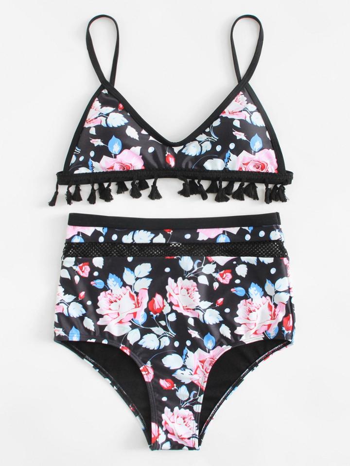 Romwe Flower Print Tassel Hem Bikini Set