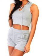 Romwe Grey Lace Up Hooded Top With Shorts