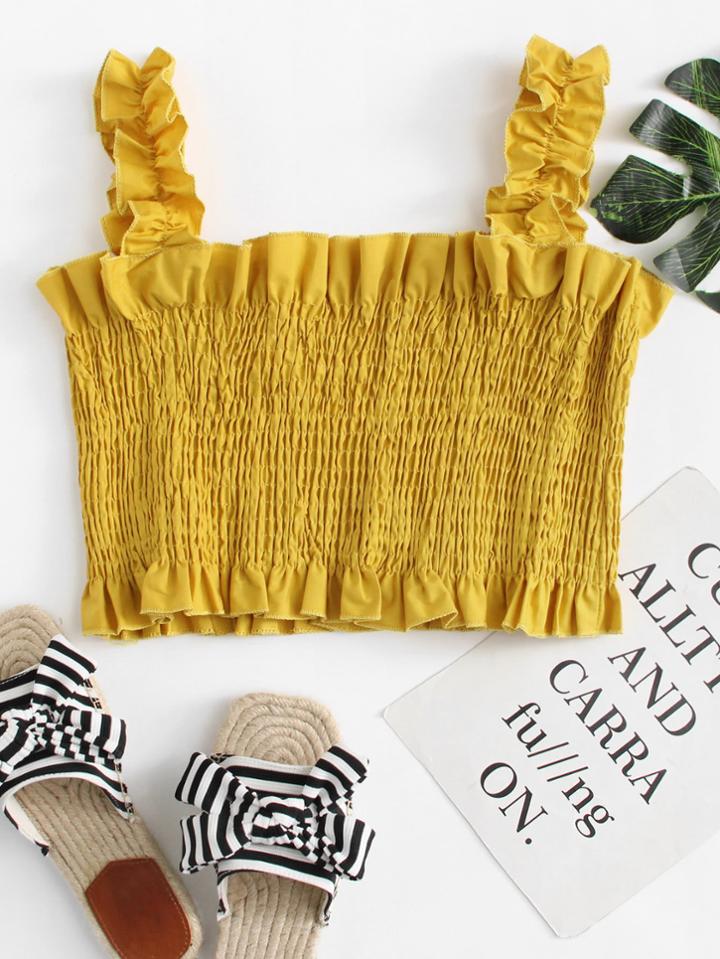 Romwe Frill Trim Pleated Crop Top