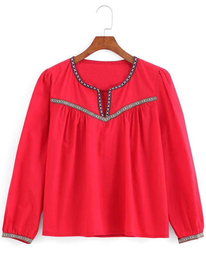 Romwe V Cut Embroidered Blouse