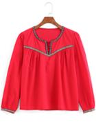 Romwe V Cut Embroidered Blouse