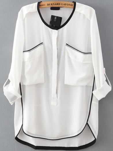 Romwe Dip Hem Pockets White Blouse