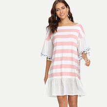 Romwe Ruffle Hem Fringe Striped Dress
