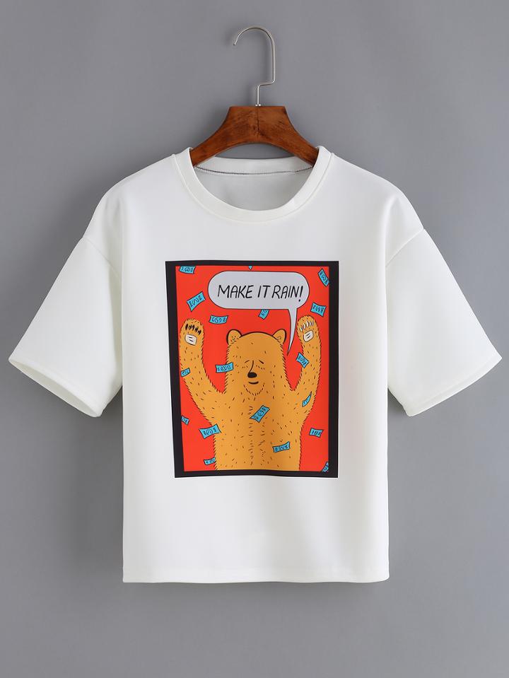 Romwe Cartoon Print White T-shirt