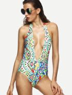 Romwe Multicolor Tribal Print Plunge Neck One Piece Swimwear