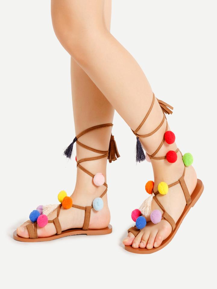 Romwe Pom Pom Embellished Lace Up Sandals