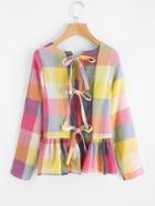 Romwe Bow Tie Split Back Checkered Peplum Top