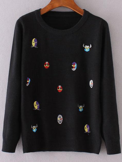 Romwe Black Cartoon Face Round Neck Knitwear