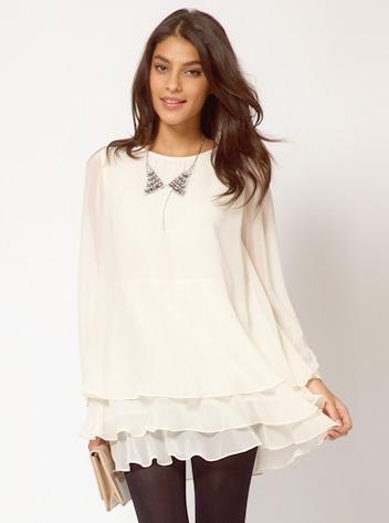 Romwe Beige Long Sleeve Cascading Ruffle Chiffon Dress