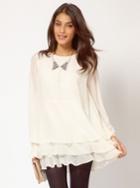 Romwe Beige Long Sleeve Cascading Ruffle Chiffon Dress