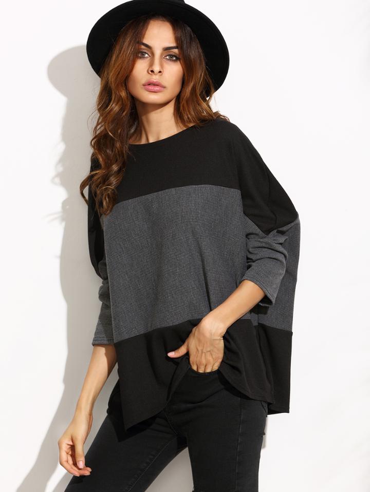 Romwe Color Block Bat Sleeve Loose T-shirt